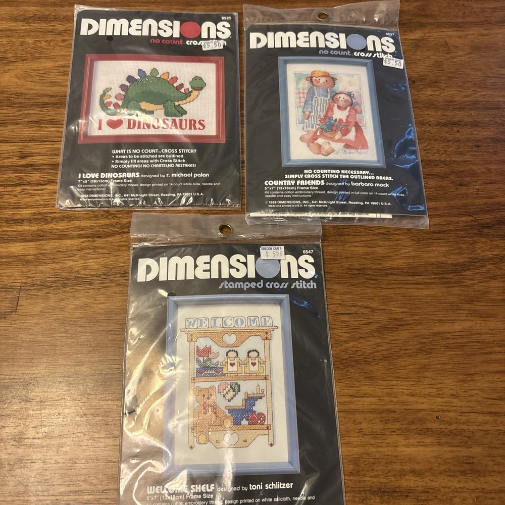 Vtg 80's Dimensions Crossstitch Kits - 5 X 7 - 2 no count, 1 stamped - New